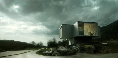 modern villa,a road going into a building with people standing outside,zumthor,snohetta,goetheanum,cube house,cubic house,mirror house,dunes house,salk,pinhole,3d rendering
