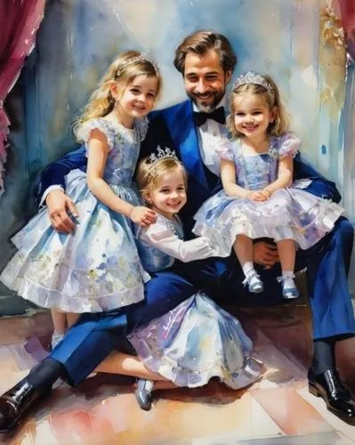 an oil painting of a man and three little girls dressed in traditional clothing sitting on a chair,little girls,oil painting,oil painting on canvas,little angels,daughters,children girls,children,phot