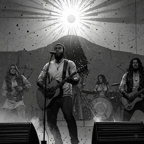 COMIC STYLE, COMIC ART, Tuschelinien, Schatten, dynamische Linienführung, 2000's Comic‑Look, slim black ink outline,some people are singing into a microphone,transfiguration,guiding light,redeemer,pas