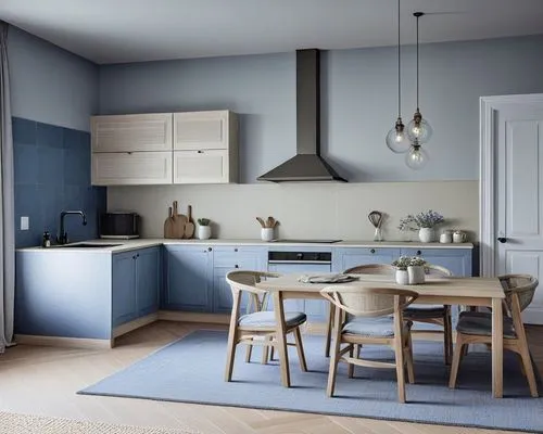 the interior of a blue kitchen with light colored cabinets,scavolini,modern kitchen interior,kitchen design,kitchen interior,scandinavian style,modern kitchen