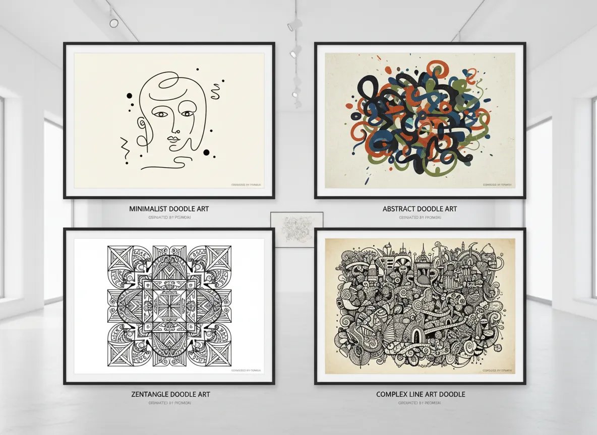 Una galleria di quattro stili distinti di Doodle Art, tra cui minimalista, astratto, Zentangle e line art complessa, tutti generati da PromeAI.