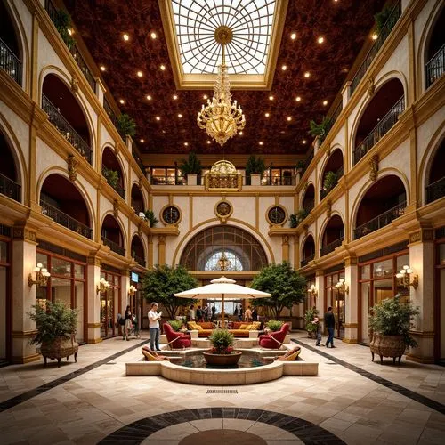 Opulent shopping center, grandiose architecture, ornate details, rich velvet fabrics, luxurious chandeliers, intricate patterns, gilded accents, lavish furnishings, majestic high ceilings, warm golden