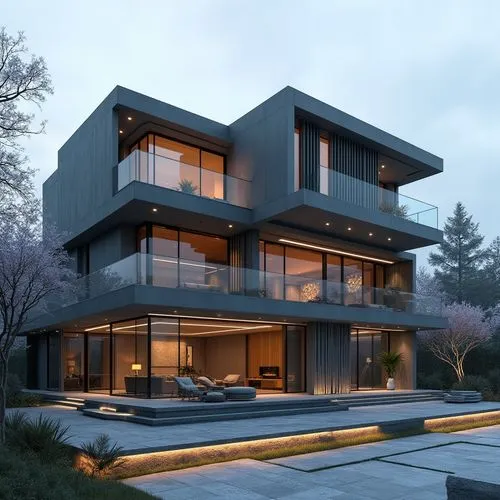 A hyper-realistic, high-resolution architectural photograph of a multi-level, contemporary luxury residence featuring a sleek, geometric design. The exterior is composed of smooth, matte charcoal-gray