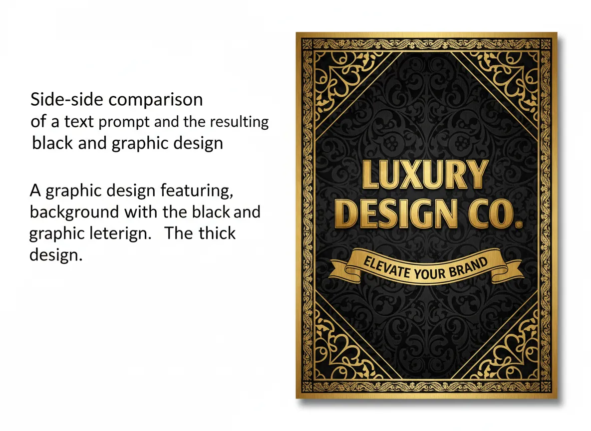 एक टेक्स्ट प्रॉम्प्ट और उसके परिणामस्वरूप उभरी हुई गोल्ड लेटरिंग के साथ ब्लैक एंड गोल्ड ग्राफिक डिज़ाइन की साथ-साथ तुलना।