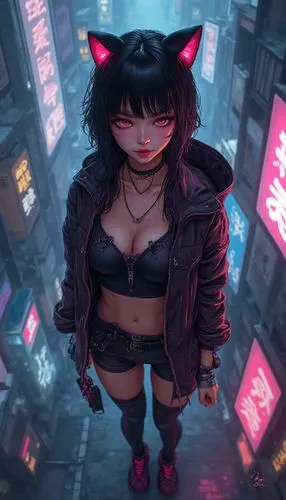 A bird eye view of 
 mesmerizing hyper-realistic cyberpunk illustration by Cihan Cevik, featuring a captivating female anime character sporting trendy cat ears and a head-turning futuristic outfit. Th