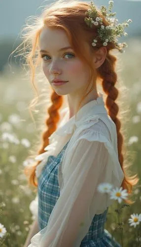 22-year-old model girl with fiery ginger hair in milkmaid braids interwoven with wildflowers, porcelain complexion, striking blue eyes, and a petite frame in a blue plaid short skirt and sheer white 