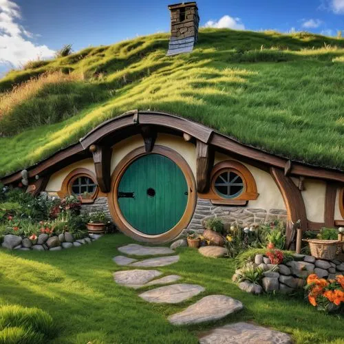Hobbit hole,a hobbot house sitting on top of a green grass covered hill,hobbiton,grass roof,hobbit,icelandic houses,hobbits,turf roof,roundhouses,shire,round hut,ecovillages,igloos,roof landscape,home