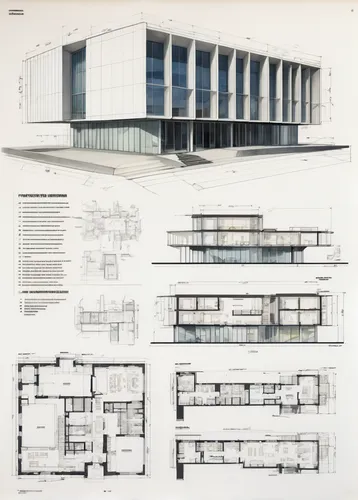 presentation board of an architectural competition project of modern repertoir theatre building, with floor plans, views, sections, schematic concept studies, perspectives, 3D renders and texts in a n