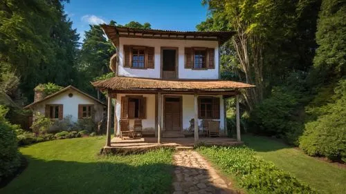 two white houses sitting on top of a lush green field,villa,model house,villa balbiano,wooden house,maison,traditional house