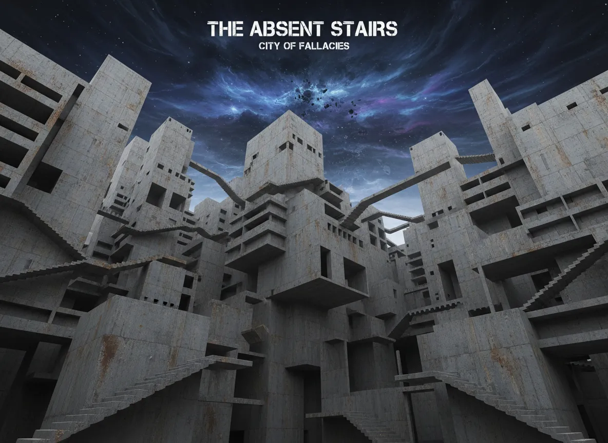 Un poster generato dall'IA di una città con angoli impossibili e scale che non portano da nessuna parte, reso in uno stile brutalista e crudo sotto un cielo scuro e vorticoso.