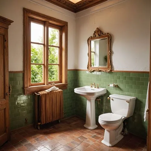 A photo-realistic shoot from the side about a new bathroom with green tiles and a white pedestal sink. the image also shows a window with wooden frames and a view of greenery outside. on the left side
