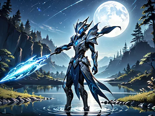 futuristic fishing spear, Warframe game, Tenno equipment, metallic texture, glowing energy tip, ergonomic grip, action pose, throwing spear, robotic arm, sci-fi armor, shimmering water, alien fish, ex