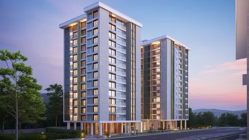 More photorealistic, blender render, vray rendering, Realistic, Residential building ,two large skyscrs with lights in them next to each other,residential tower,penthouses,new housing development,cond