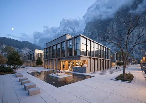 ,the front of a building with a water fountain in front of it,house in the mountains,modern house,house in mountains,cubic house,lefay,modern architecture,swiss house,liechtenstein,chalet,snohetta