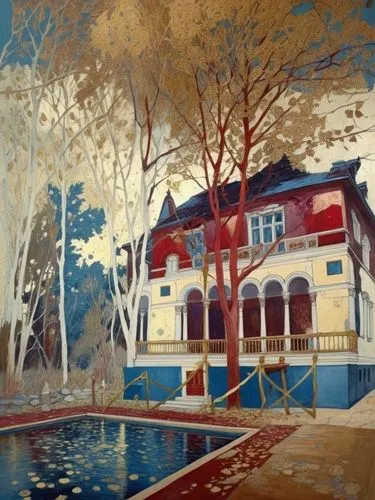 Особняк в неорусском стиле,painting of house with pond surrounded by trees,villa,house with lake,house painting,pool house,woman house,home landscape