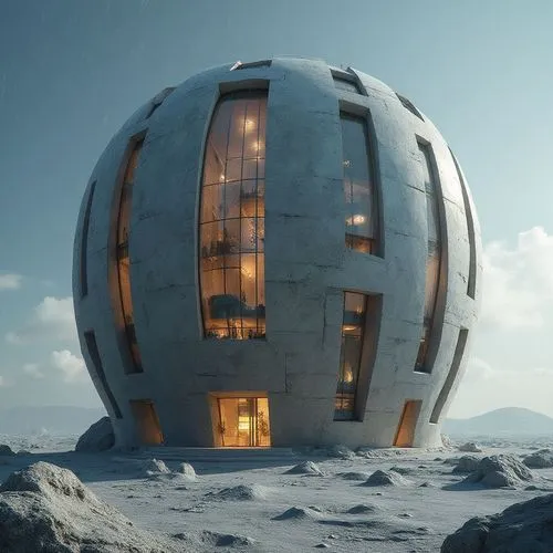 A detailed rendering of a circular building made of glass and metal materials, positioned on the lunar surface for astronaut habitation, with intricate architectural designs and advanced structural el