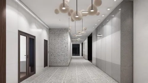 minimalist lobby, modern , concrete, terrazzo , glass cladding ,this hallway is very long and has gray and white wall,hallway space,hallway,ceiling lighting,ceiling light,ceiling lamp,corridors,cerami