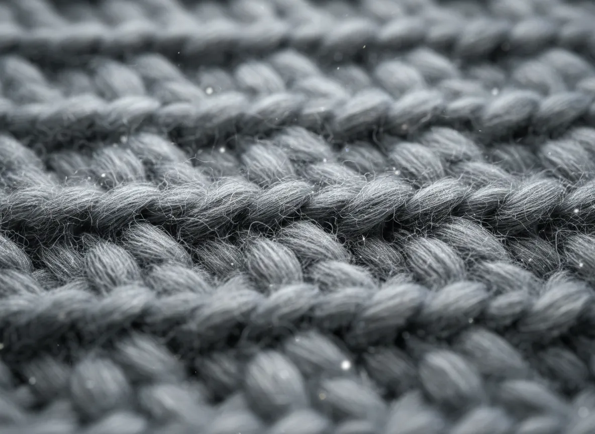 Render AI dettagliato che mostra un effetto foto macro di fibra di lana su una coperta di lana a maglia grigia.