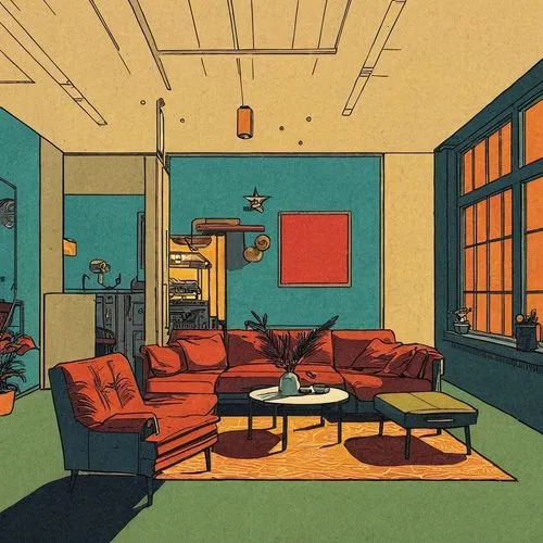 the large living room has blue walls and brown furniture,mid century,mid century modern,living room,mid century house,an apartment,apartment,mid century sofa,vintage wallpaper,apartment lounge,sitting