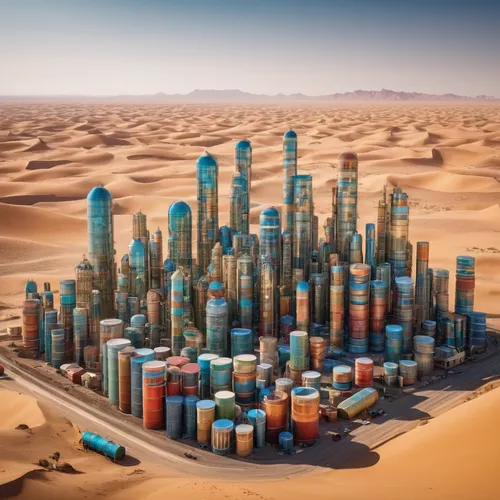 Create a big plastic city in the desert: this city is made up of overlapping cylinders of rigid plastic, without windows, each cylinder has a different color, and they form huge pillars, this city is 
