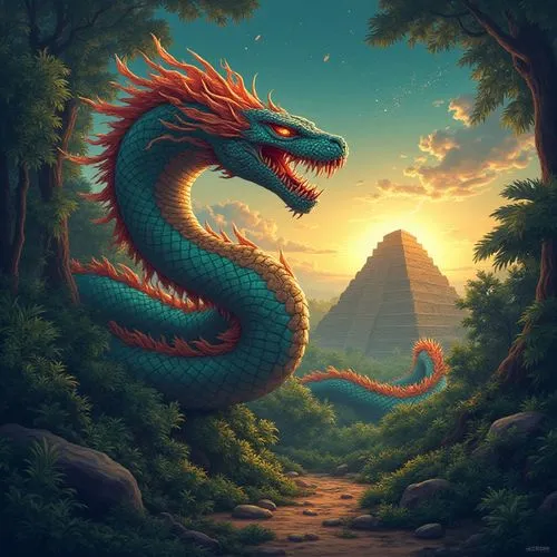 Ilustración épica de Xiuhcóatl, la mítica serpiente de fuego de la mitología prehispánica, con una estética detallada inspirada en los códices mexicas y mixtecos. La criatura tiene un cuerpo largo y s
