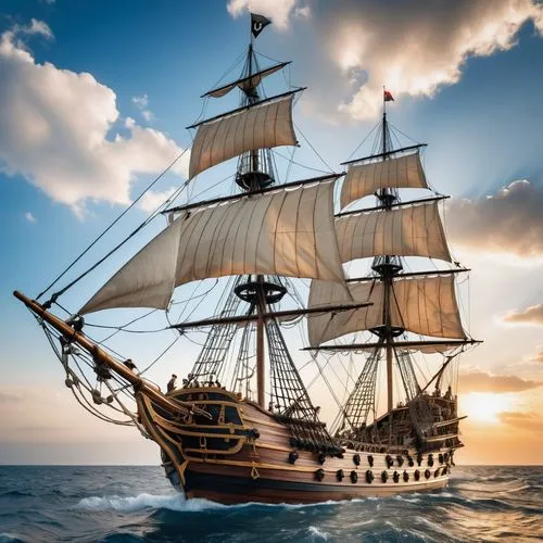 pirate ship with masts and rigging in open sea, close-up, sharp focus, intricate details, highly detailed,full-rigged ship,galleon ship,east indiaman,sea sailing ship,sail ship,three masted sailing sh