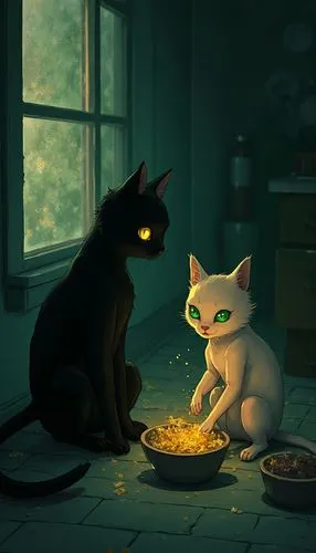 Черный и рыжий кот сидят на кухне и едят из мисок. Темная ночь, глаза котов чуть святятся, у одного они янтарно желтые у другого зеленоватые. Изумруд лимон антрацит графит монохром динамично новаторск