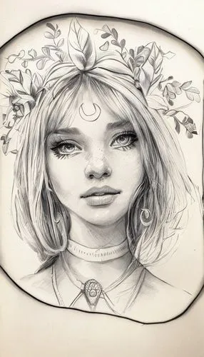 A beautiful girl with flowers in her hair,girl drawing,girl in a wreath,bell jar,vintage drawing,pencil drawings,rose flower drawing,hand-drawn illustration,girl with cereal bowl,pencil and paper,cd c
