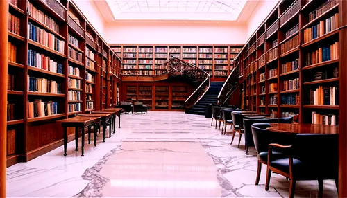 grand library interior, high ceiling, marble floor, rows of bookshelves, wooden tables, leather chairs, reading lamps, globe, staircase, ornate railings, natural light pouring in, warm atmosphere, sof
