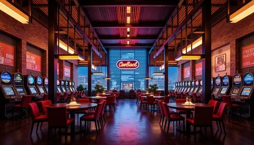 Neon-lit casino interior, industrial-chic decor, exposed brick walls, metal beams, reclaimed wood accents, vintage slot machines, luxurious velvet fabrics, bold neon signs, metallic gold tones, deep c