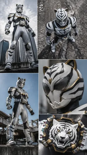 Kamen Rider with a white tiger theme and styling,   ,various ss of different forms of robot action,armored animal,centurion,scrap sculpture,knight armor,armored,steel man,steel sculpture,silversmiths,