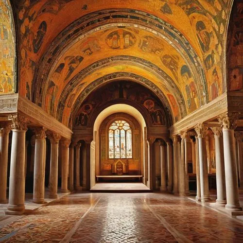 Early Christian architecture, ancient Romanesque style, stone structure, ornate carvings, grandiose entrance, high ceilings, stained glass windows, intricate mosaics, Byzantine influences, domed roofs