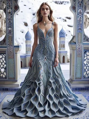 A highly detailed 3d islamic pattern and architecture elemnts  and elegant haute couture dress deeply inspired by traditional Iranian architecture, especially the intricate geometry of muqarnas — the 