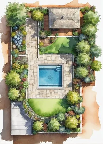 (watercolor:1.2) (construction plan:1.3) of multiple isolated landscaping elements, warm tone rendering, a digital rendering, trending on Behance, award winning, awe-inspiring. award winning design (a