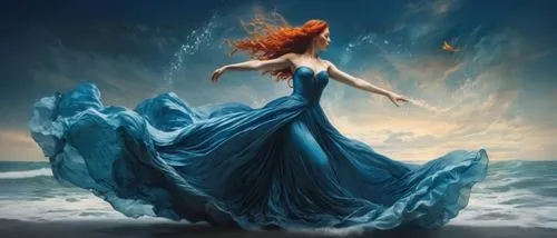 woman in blue water dress dancing by the ocean,Dancer,sirene,amphitrite,fathom,naiad,the wind from the sea,riverdance