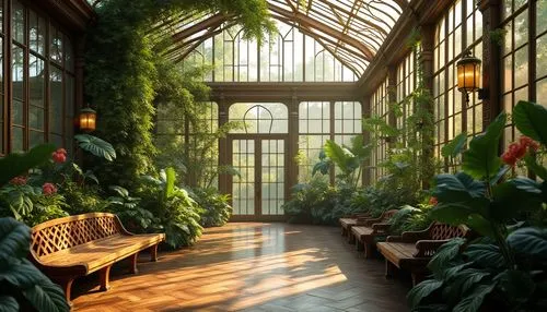Bronze accents, greenhouse, luxurious interior, tropical plants, lush greenery, natural light, warm ambiance, wooden benches, bronze-framed glass roof, elegant columns, exotic flowers, vines crawling 