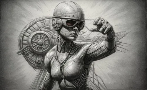 a woman in a helmet is holding her arm with a gun,timekeeper,horologist,clockmaker,phrenologist,submariner,helmsman,clockwork,navigator,navigators,seafarer,radioman,machinist,watchmaker,ship's wheel,f