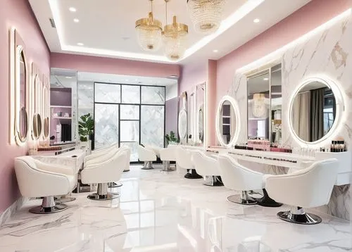 Modern nail salon interior design, luxurious ambiance, sleek lines, minimalist decor, white marble floors, LED lighted walls, glass tables, velvet sofas, chrome accents, geometric patterns, nail polis