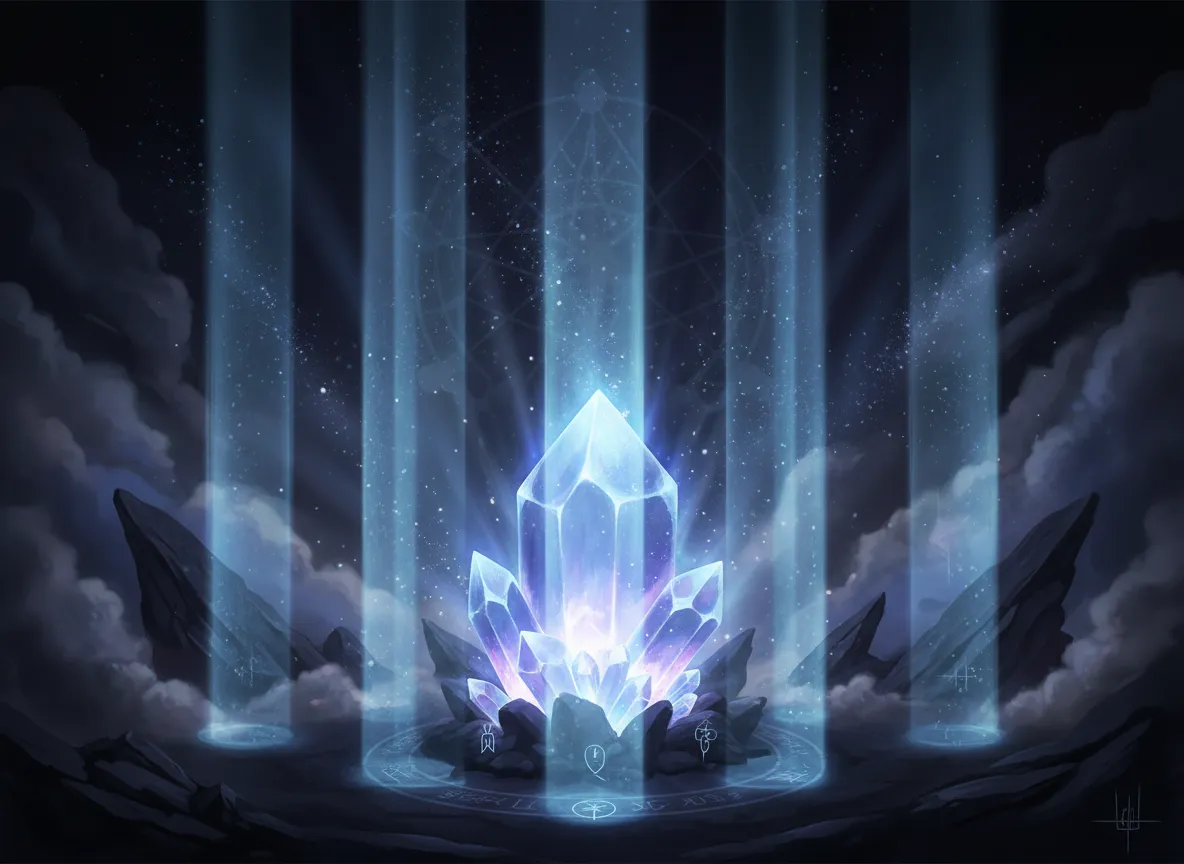 Un'illustrazione di cristallo luminoso in cui raggi di luce volumetrica emanano dalla pietra preziosa, illuminando lo spazio buio circostante.