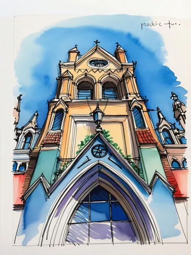 Costa Rica,facade painting,watercolor frame,church painting,western architecture,pointed arch,church bells,churches,minor basilica,finials,buttressing,cathedral,edifice,buttresses,ecclesiastical,frame
