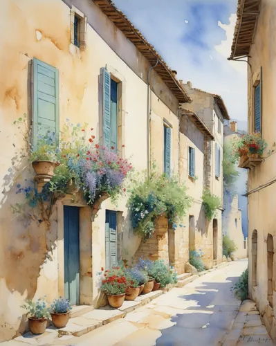 provence streets with windows and houses and flowers,provence,provencal life,south france,italian painter,watercolor shops,aix-en-provence,arles,france,watercolor,south of france,watercolor painting,t