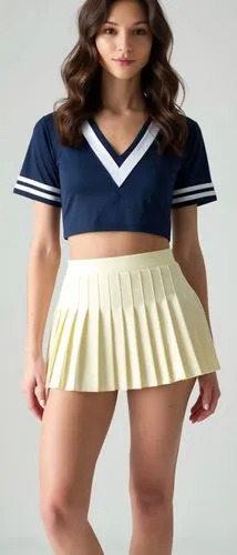 magazine cover, full body shot, a fashionable and bold sportswear look, featuring a navy blue crop top and a off-white pleated tennis skirt. The ensemble exudes a preppy and athletic vibe, with the v-