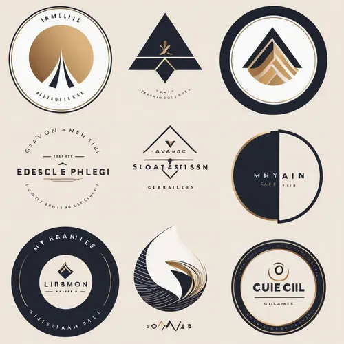 Design minimalist logos with clean lines, subtle shades, and simple shapes. Craft a modern atmosphere for a sleek and contemporary brand.,coffee icons,gold foil shapes,gold foil labels,drink icons,cir