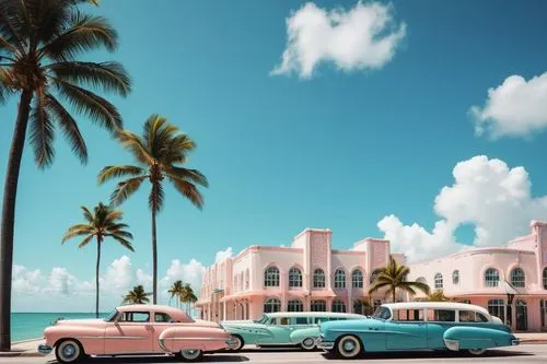 Miami Art Deco architecture, pastel colors, ornate decorations, geometric patterns, curved lines, symmetrical facade, tropical palm trees, bright sunny day, clear blue sky, white clouds, ocean view, b