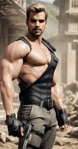 "rugged looking muscular albert wesker with reddish sunglasses, from resident evil,a man with a gun and a mask in front of an old building,edge muscle,male character,muscleman,mercenary,commando,muscl