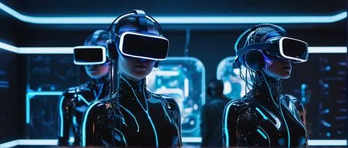 TV heads, multiple screens, futuristic laboratory, sci-fi setting, neon lights, wires connected, robotic bodies, shiny metallic skin, glowing blue eyes, virtual reality headsets, high-tech gadgets, sl