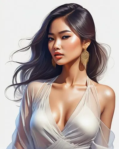alluring lady cute, curved beautiful body, in the style of simplistic vector art, flat shading, emotive expressions, wild woman, transparent costume,asian woman,vietnamese woman,fashion vector,digital