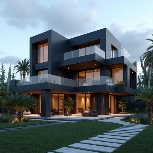 A contemporary, multi-story luxury residence showcasing a bold, geometric composition of stacked rectangular volumes in deep charcoal and slate hues. The façade features sleek glass railings, spacious