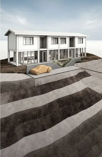 a 3d house sits atop a hill with no clouds,dunes house,new housing development,house drawing,dune ridge,school design,modern house