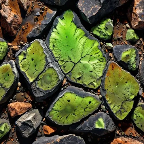 roccia spaccata , lavorata e levigata di colore nero, con all'interno minerali fluorescenti,some large leaves in a variety of green leaves,water lily leaf,lotus leaves,stone floor,ground cover,leaves 